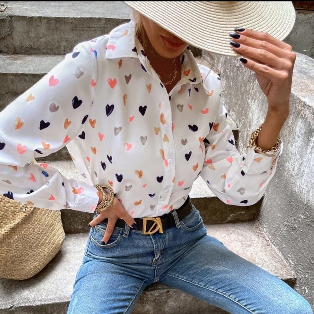 BOGO🥳 Shein Allover Heart Print Button Front Blouse